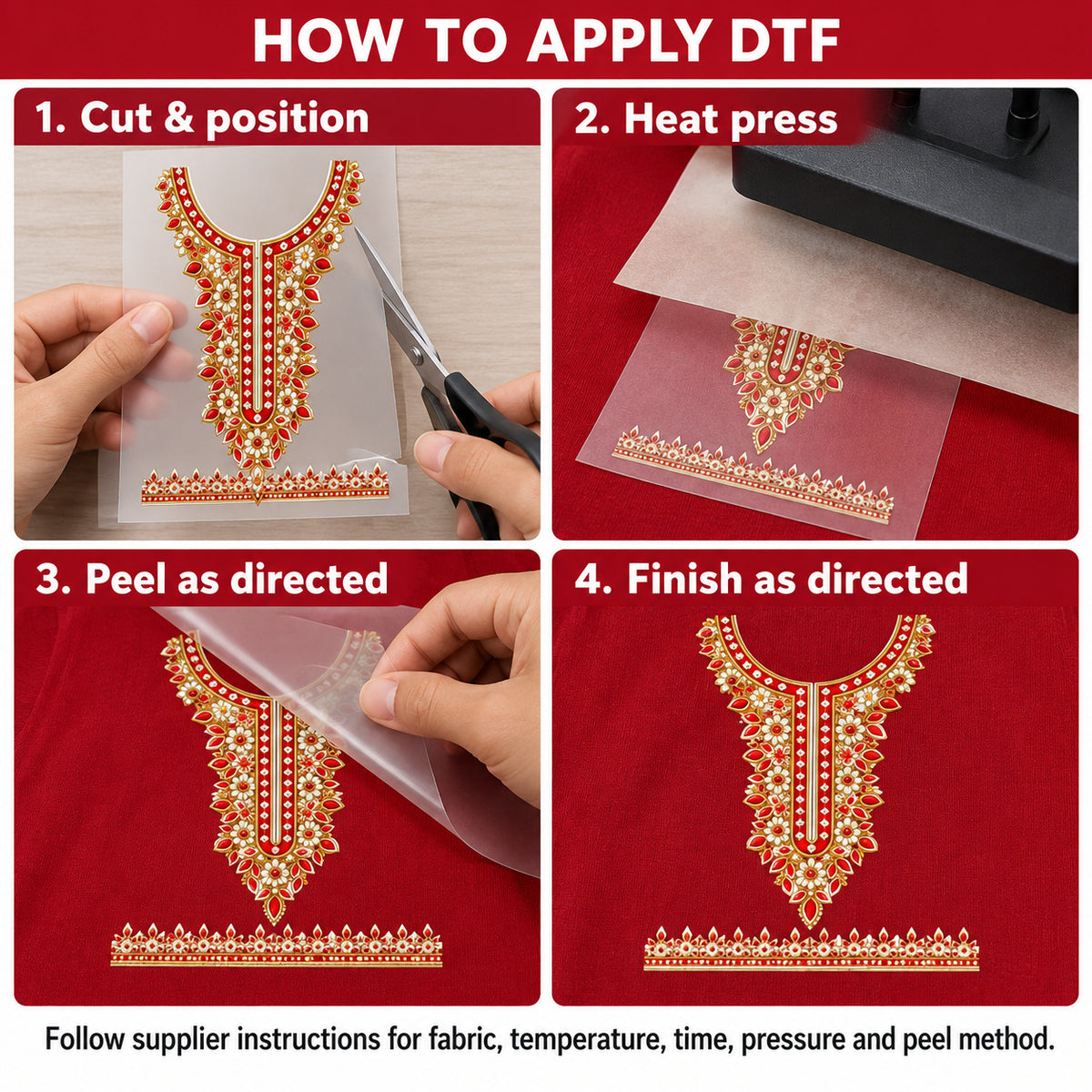 Red & Ivory Floral DTF Heat Transfer Sticker Set with Gold-Tone Neckline and Border for Kurti & Suit