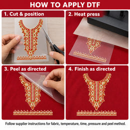 Red & Ivory Floral DTF Heat Transfer Sticker Set with Gold-Tone Neckline and Border for Kurti & Suit