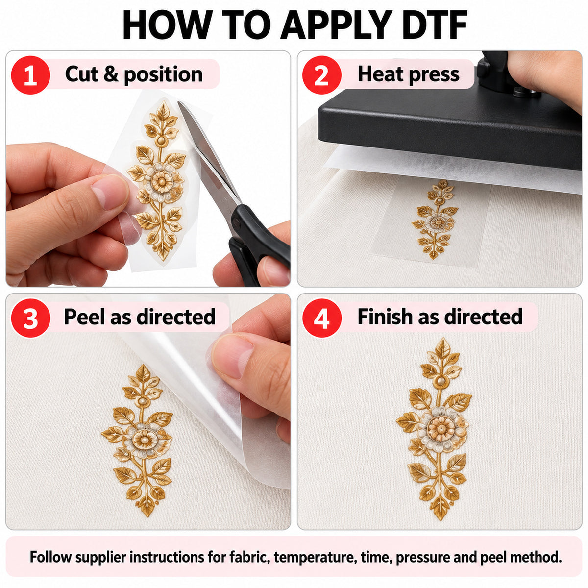Gold-Tone & Ivory Floral DTF Heat Transfer Sticker Set with Neckline, Border and Leaf Motifs for Suit & Blouse
