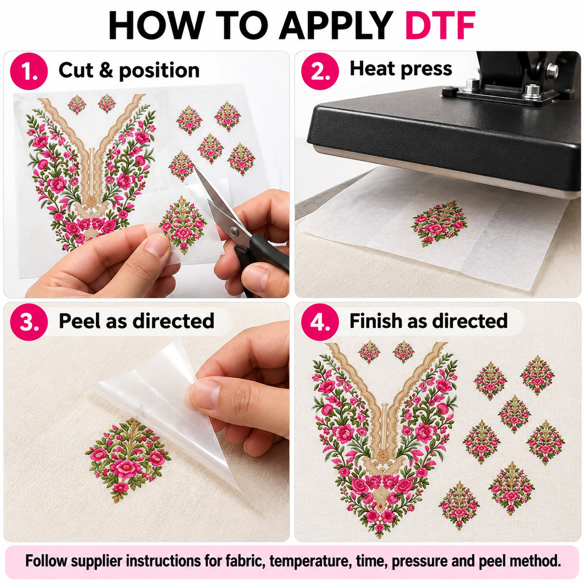 Pink Rose & Green Floral DTF Heat Transfer Sticker Set with Gold-Tone V-Neck Design and Matching Motifs