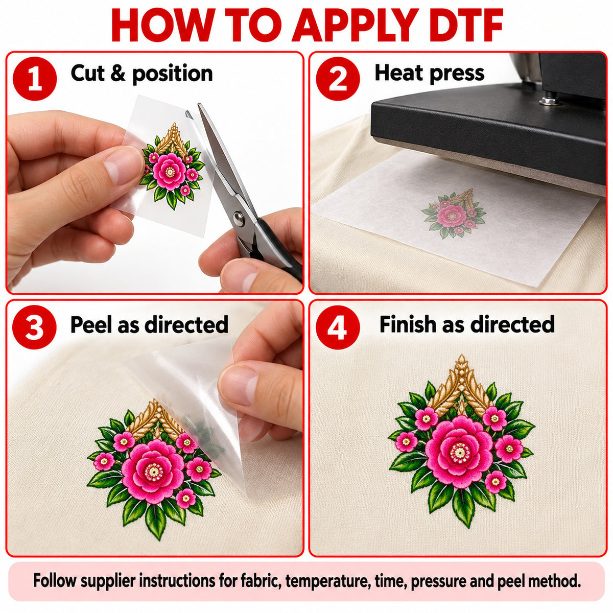 Rani Pink Green & Gold Rose DTF Heat Transfer Sticker Set with Neckline, Border & Motifs for Suit & Blouse
