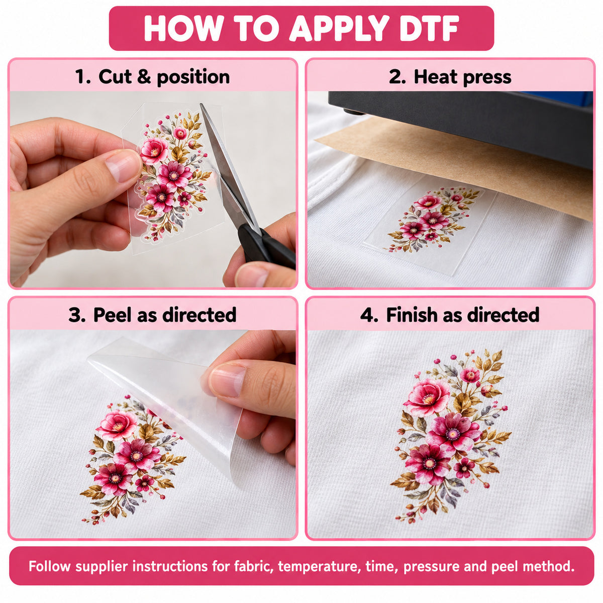 Pink Floral Bouquet DTF Heat Transfer Sticker Sheet for Saree, Kurti & Blouse Decoration