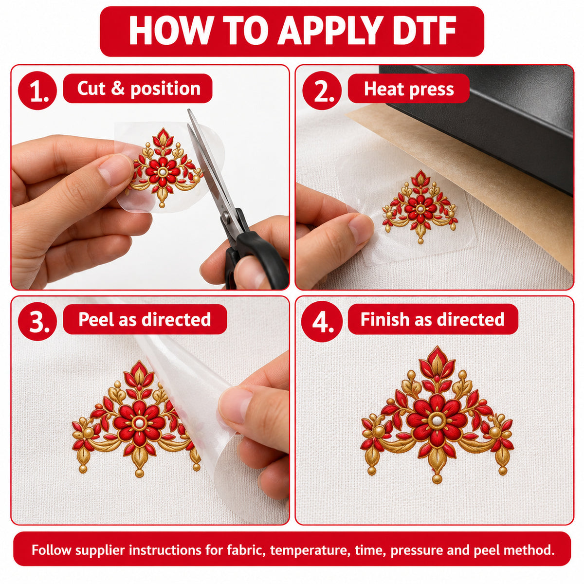 Red Floral & Gold-Tone DTF Heat Transfer Sticker Set with Long Neck Panel, Borders and Motifs for Suit & Blouse