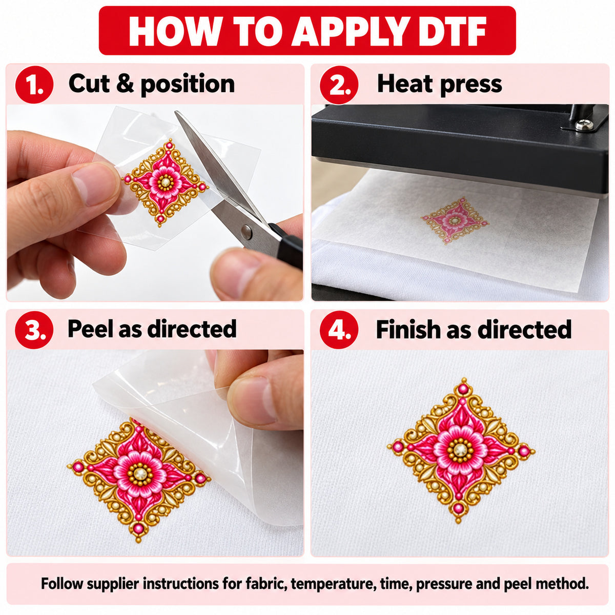 Rani Pink & Gold-Tone Floral DTF Heat Transfer Sticker Set with Neckline, Border and Diamond Motifs for Suit & Blouse
