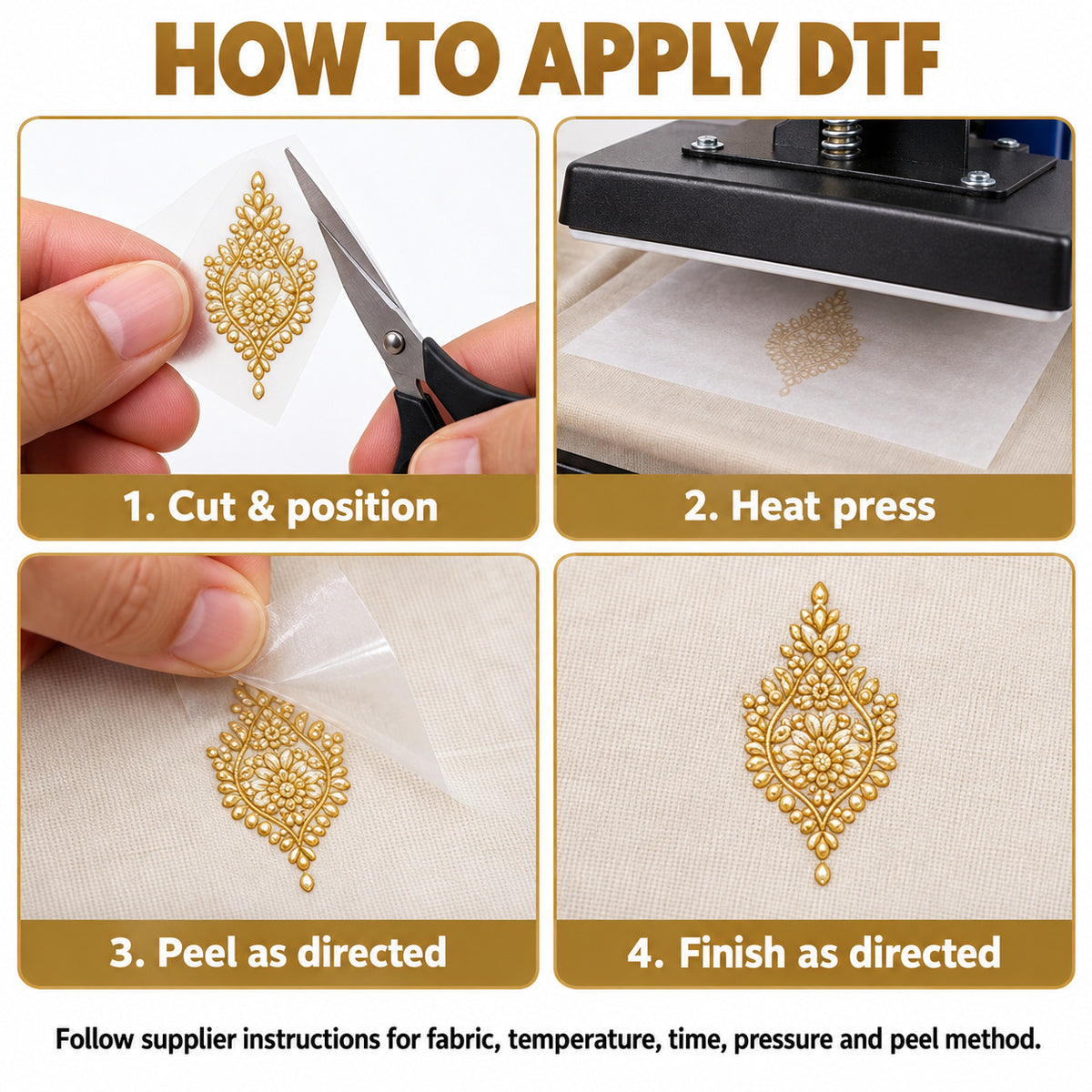 Gold-Tone Pearl Effect DTF Heat Transfer Sticker Set with Ornamental Neck Panel, Border and Motifs for Suit & Blouse