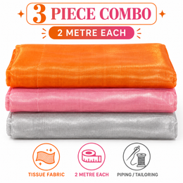 3 Piece Tissue Fabric Combo – Orange, Pink & Silver | 2 Metre Each | Piping & Tailoring Fabric