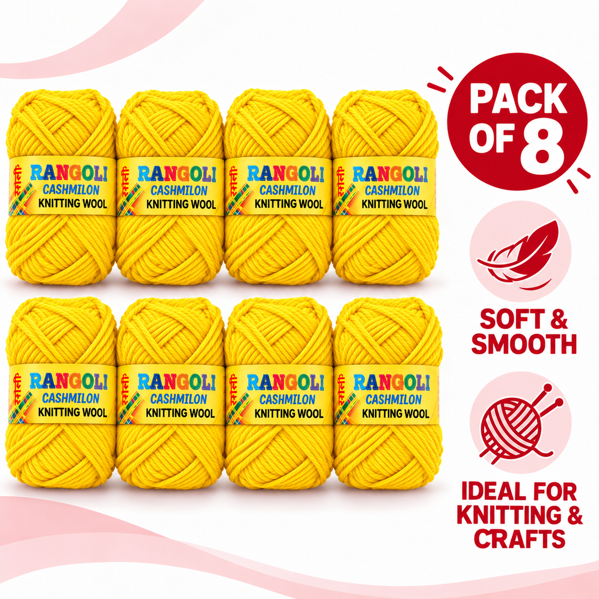 Rangoli Cashmilon Knitting Wool Yarn Yellow Colour Pack of 8 for Knitting & Crafts