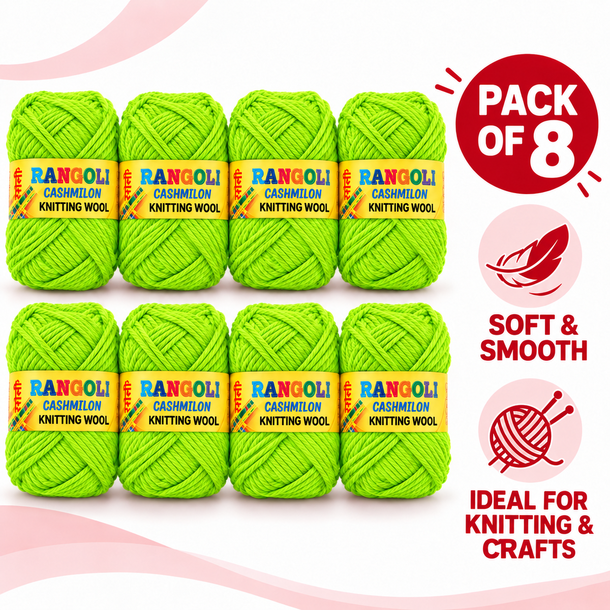 Rangoli Cashmilon Knitting Wool Green | Soft Yarn for Sweater, Knitting & Crafts | Pack of 8