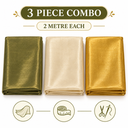 Metallic Tissue Fabric 3 Piece Combo – 2 Metre Each | Golden, Cream & Olive Green | Blouse, Piping, Craft & Tailoring Fabric