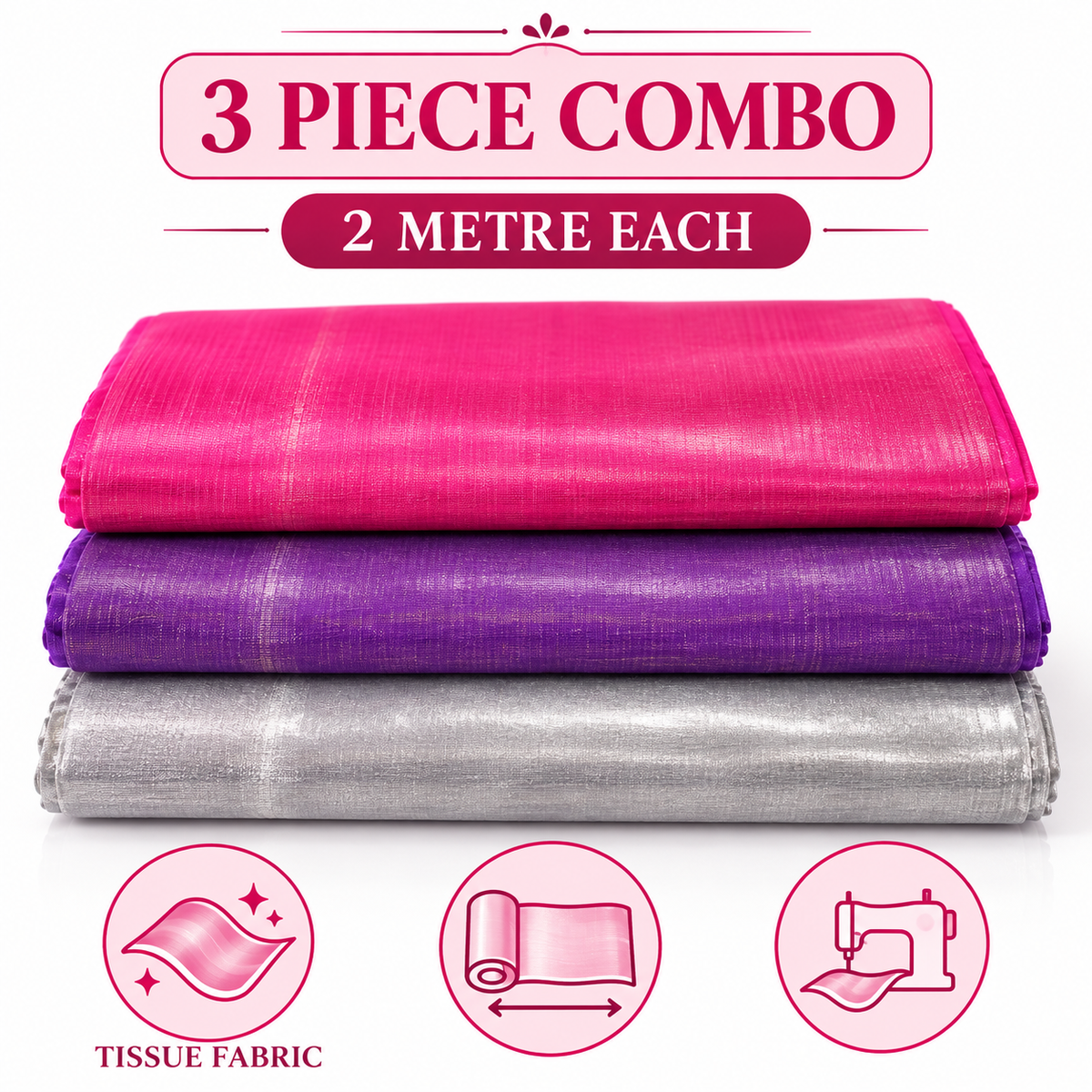 Premium Tissue Fabric 3 Piece Combo – Rani Pink, Purple & Silver | 2 Metre Each | Tailoring & Piping Fabric