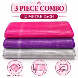 Premium Tissue Fabric 3 Piece Combo – Rani Pink, Purple & Silver | 2 Metre Each | Tailoring & Piping Fabric
