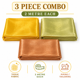 3 Piece Premium Tissue Fabric Combo – Golden, Light Olive Green & Copper | 2 Metre Each | For Piping, Dori & Tailoring