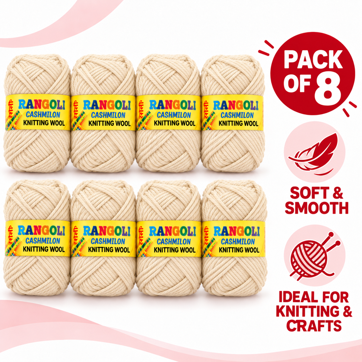 Rangoli Cashmilon Knitting Wool Yarn for Sweater, Crochet & Craft – Cream – Pack of 8