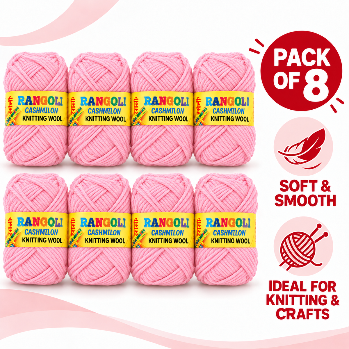 Rangoli Cashmilon Knitting Wool Yarn for Sweater, Crochet & Crafts – Pink – Pack of 8