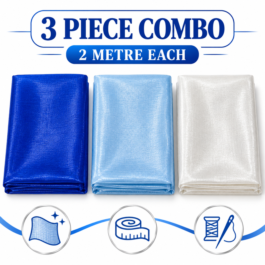 3 Piece Tissue Fabric Combo – Royal Blue, Sky Blue & White | 2 Metre Each | Piping & Tailoring Fabric