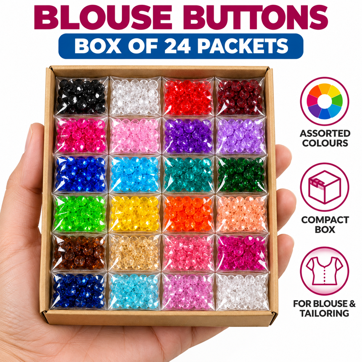 Assorted Colour 2-Hole Blouse Buttons – Box of 24 Packets | Fancy Sewing Buttons for Tailoring