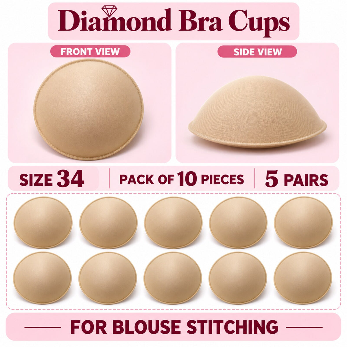 Diamond Bra Cups Size 34 for Blouse Stitching, Pack of 10 Pieces (5 Pairs), Nude Beige