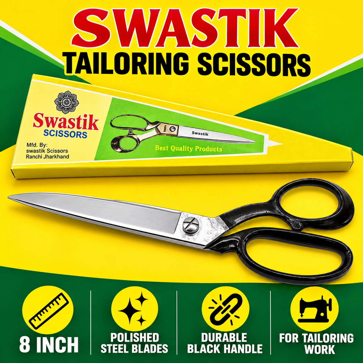 Swastik 8 Inch Tailoring Scissor | Heavy Duty Cloth Cutting Kainchi | Polished Steel Blade Professional Fabric Cutting Scissor