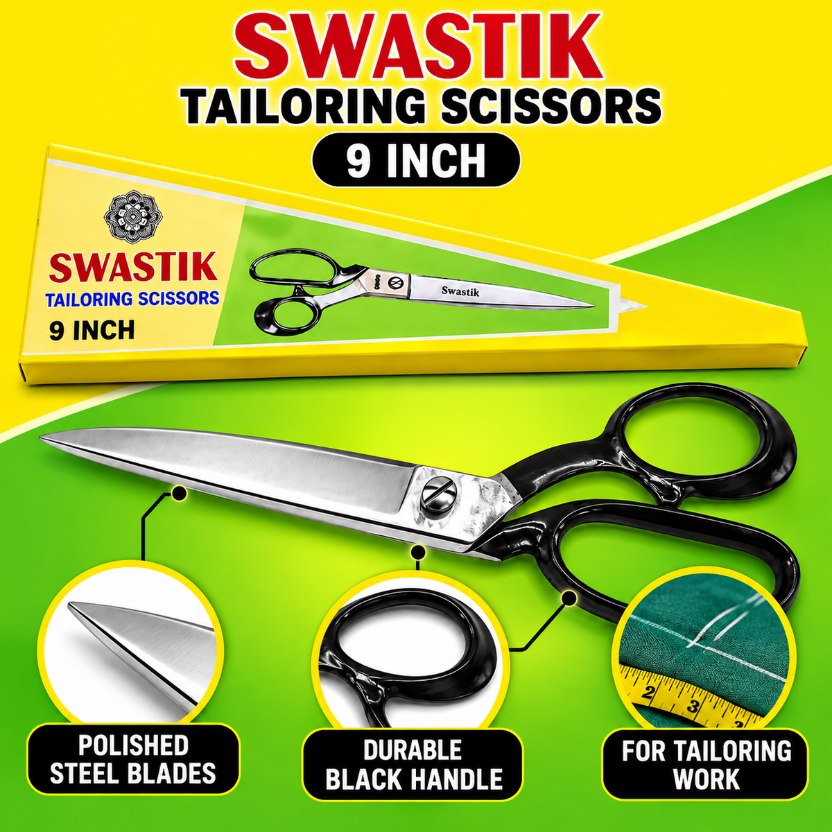 Swastik 9 Inch Tailoring Scissor | Heavy Duty Cloth Cutting Kainchi | Polished Steel Blade Professional Fabric Cutting Scissor