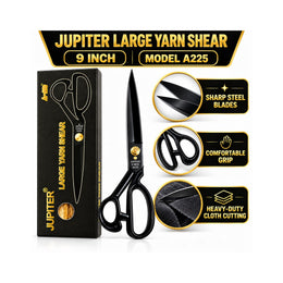 Jupiter A225 9 Inch Large Yarn Shear | Heavy Duty Tailoring Scissor for Cloth Cutting | Sharp Steel Blades | Black