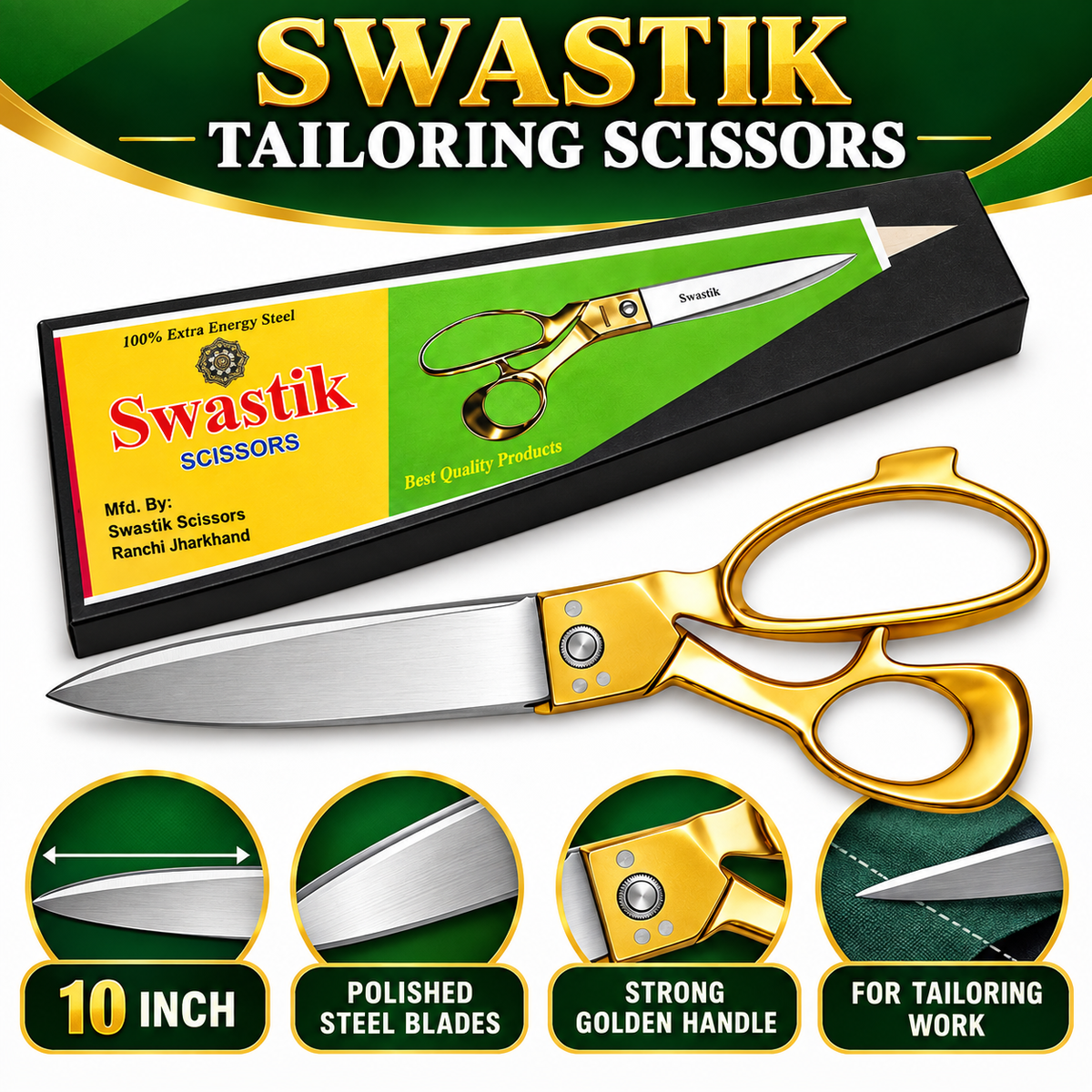 Swastik 10 Inch Golden Handle Tailoring Scissor | Heavy Duty Cloth Cutting Kainchi | Sharp Steel Blade Professional Fabric Scissors