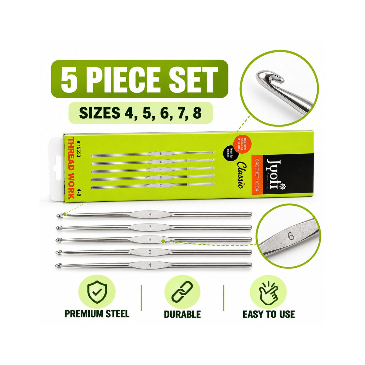 Jyoti Crochet Hook Set | 5 Piece Steel Crochet Needles | Sizes 4, 5, 6, 7, 8 | Knitting & Crochet Tool Set