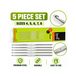 Jyoti Crochet Hook Set | 5 Piece Steel Crochet Needles | Sizes 4, 5, 6, 7, 8 | Knitting & Crochet Tool Set