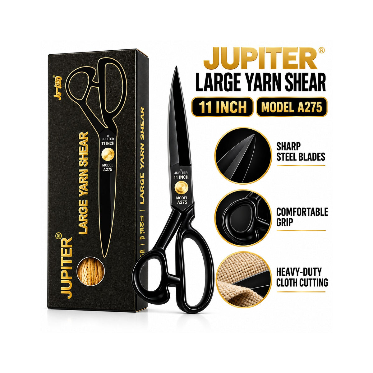 Jupiter 11 Inch Large Yarn Shear A275 Heavy Duty Tailoring Scissor | Sharp Steel Blades | Professional Cloth & Fabric Cutting Scissor | Black