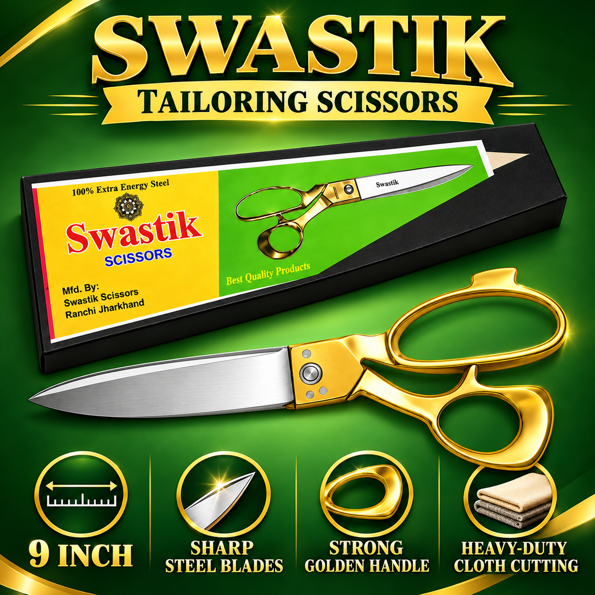 Swastik 9 Inch Golden Handle Tailoring Scissor | Heavy Duty Cloth Cutting Kainchi | Sharp Steel Blade Fabric Cutting Scissors