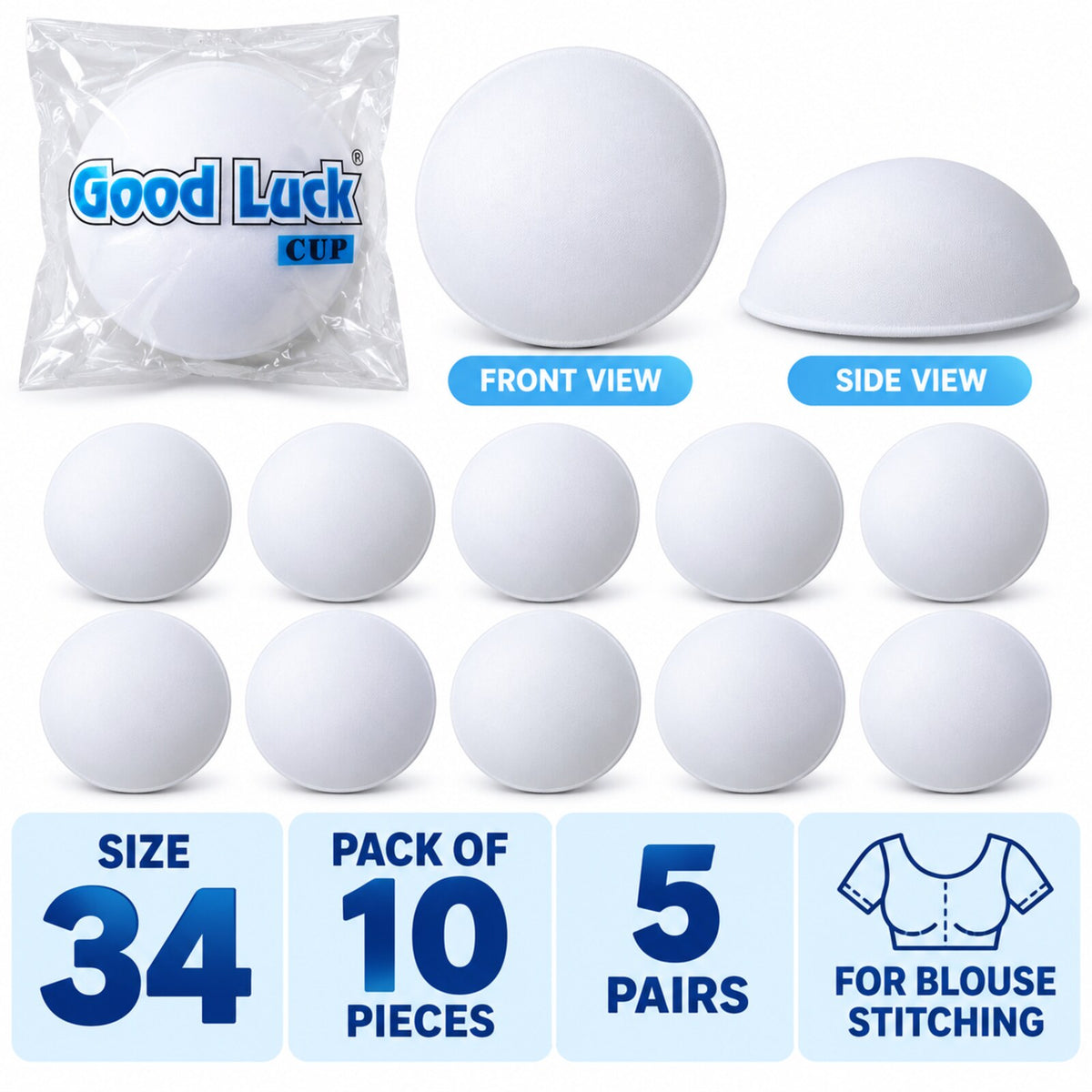 Good Luck Bra Cups Size 34 White | Blouse Padding Cups for Stitching | Pack of 10 Pieces (5 Pairs)