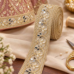 Premium Golden Floral Mirror Pearl & Stone Work Designer Lace for Saree, Lehenga, Blouse & Dupatta Border – 9 Meter Roll