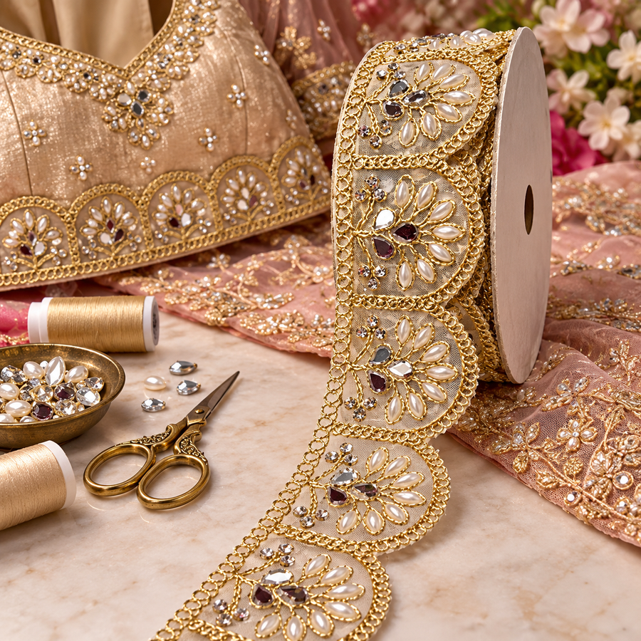 Premium Golden Scallop Floral Mirror Pearl & Stone Work Designer Lace for Saree, Lehenga, Blouse & Dupatta Border – 9 Meter Roll