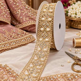 Premium Golden Diamond Pearl & Stone Work Embroidered Designer Lace for Saree, Lehenga, Blouse & Dupatta Border – 9 Meter Roll