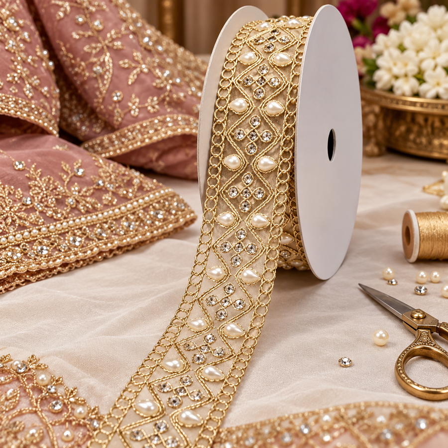 Premium Golden Diamond Pearl & Stone Work Embroidered Designer Lace for Saree, Lehenga, Blouse & Dupatta Border – 9 Meter Roll