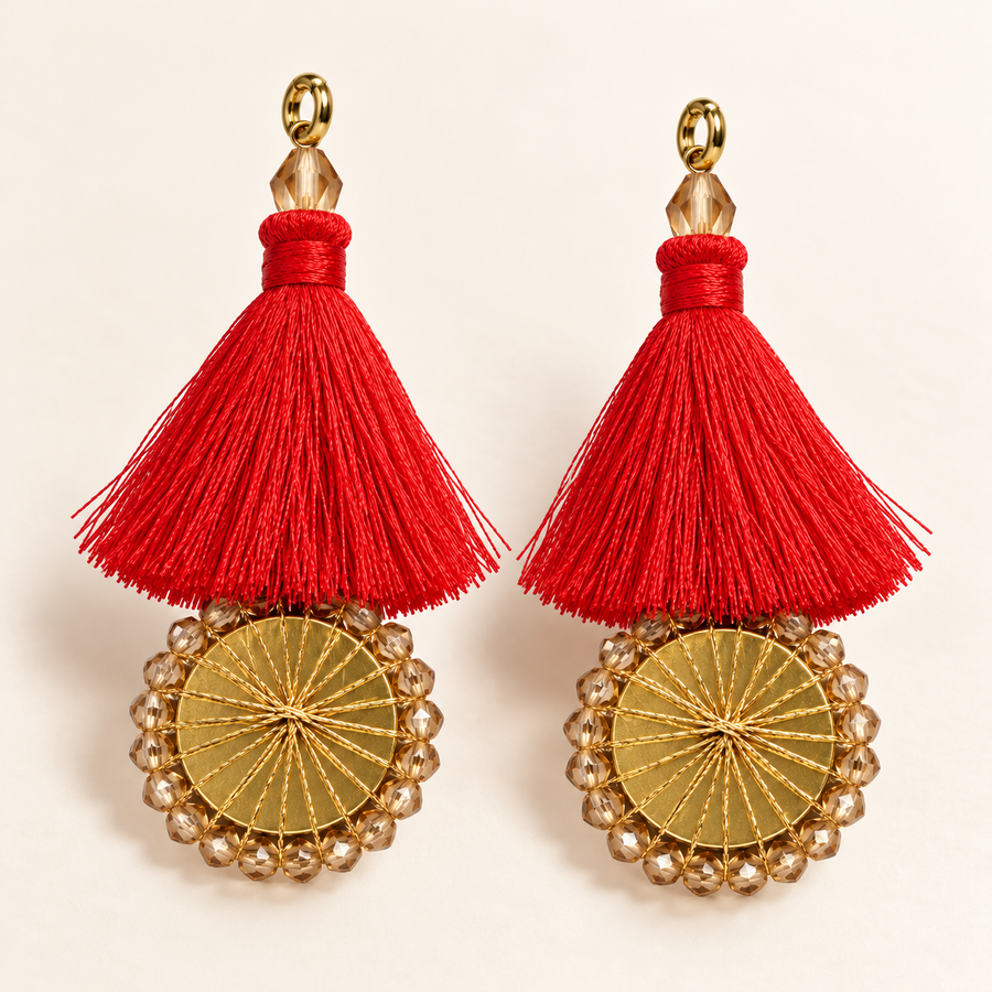 Red Thread Tassel Latkan with Golden Round Beaded Design for Blouse & Lehenga – 6 Pairs (12 Pieces)
