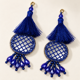 Royal Blue Mirror Work Designer Latkan for Blouse & Lehenga Dori | Silk Thread Tassels with Round Mirror Jali & Crystal Bead Hanging | Pack of 12 Pieces (6 Pairs)