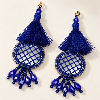 Royal Blue Mirror Work Designer Latkan for Blouse & Lehenga Dori | Silk Thread Tassels with Round Mirror Jali & Crystal Bead Hanging | Pack of 12 Pieces (6 Pairs)