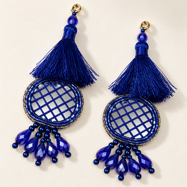 Royal Blue Mirror Work Designer Latkan for Blouse & Lehenga Dori | Silk Thread Tassels with Round Mirror Jali & Crystal Bead Hanging | Pack of 12 Pieces (6 Pairs)