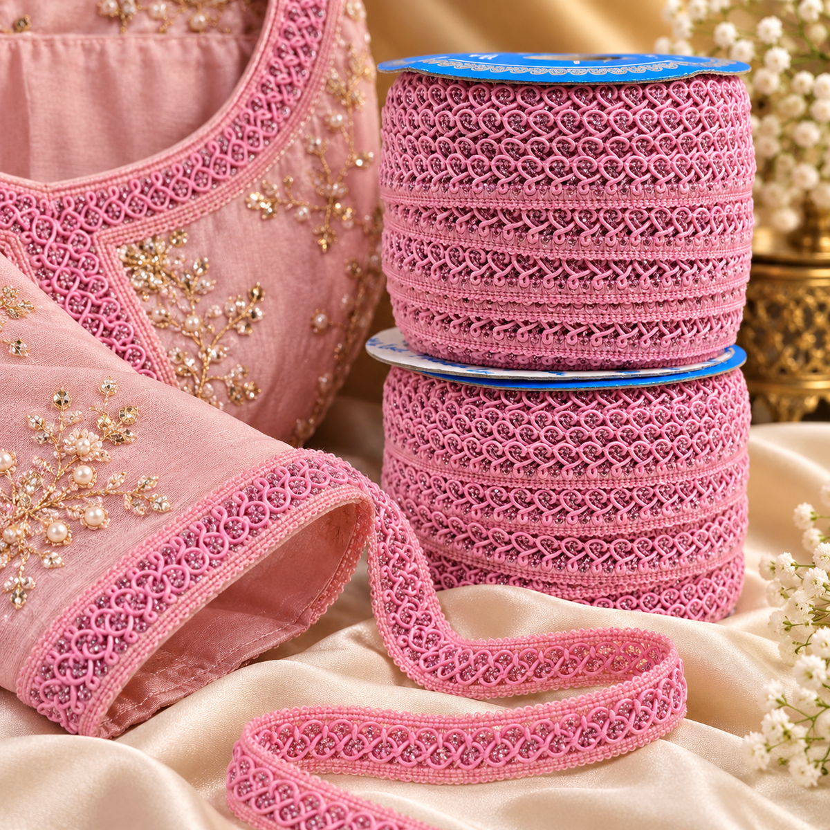 Baby Pink Designer Loop Lace Border 18 Meter | Decorative Embroidered Lace Trim for Blouse, Kurti, Saree, Dupatta & Lehenga