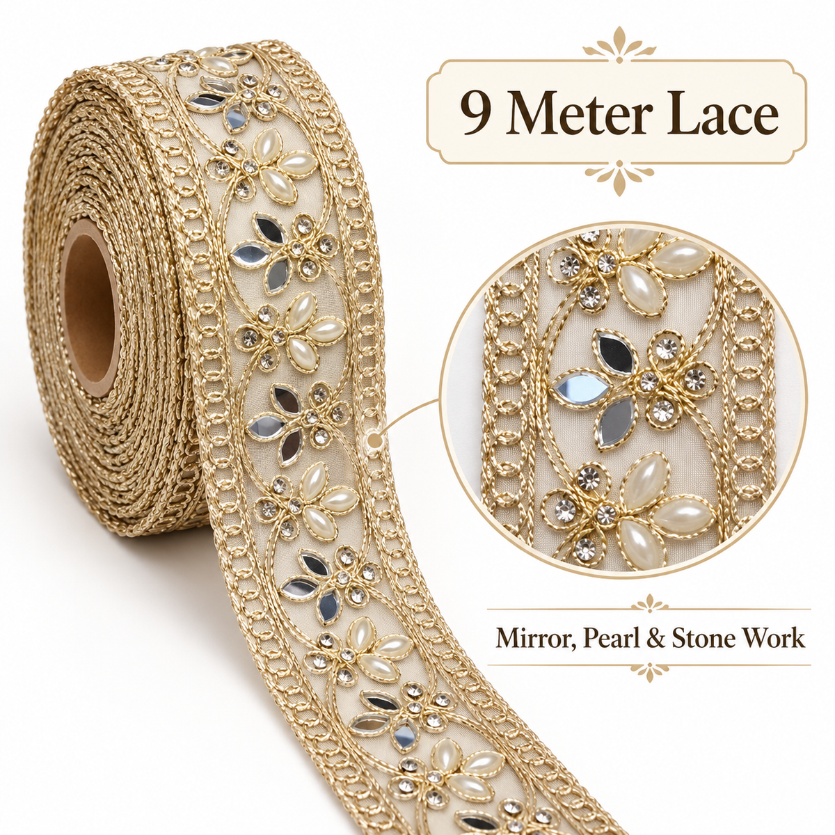 Premium Golden Floral Mirror Pearl & Stone Work Designer Lace for Saree, Lehenga, Blouse & Dupatta Border – 9 Meter Roll