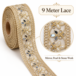 Premium Golden Floral Mirror Pearl & Stone Work Designer Lace for Saree, Lehenga, Blouse & Dupatta Border – 9 Meter Roll