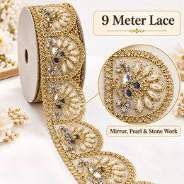 Premium Golden Scallop Floral Mirror Pearl & Stone Work Designer Lace for Saree, Lehenga, Blouse & Dupatta Border – 9 Meter Roll