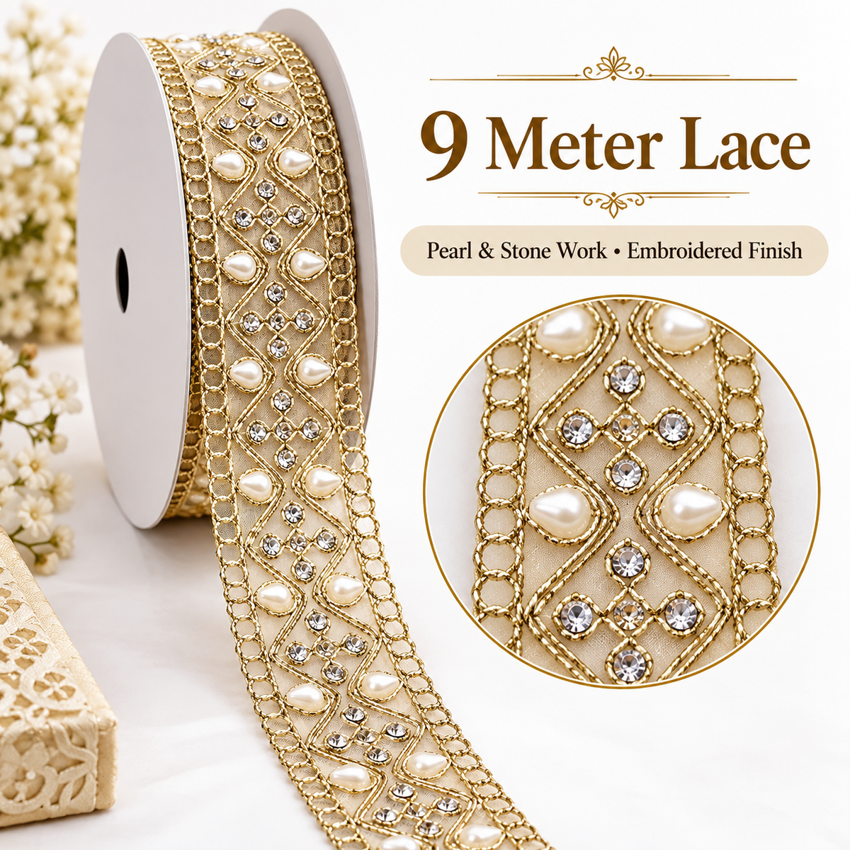 Premium Golden Diamond Pearl & Stone Work Embroidered Designer Lace for Saree, Lehenga, Blouse & Dupatta Border – 9 Meter Roll