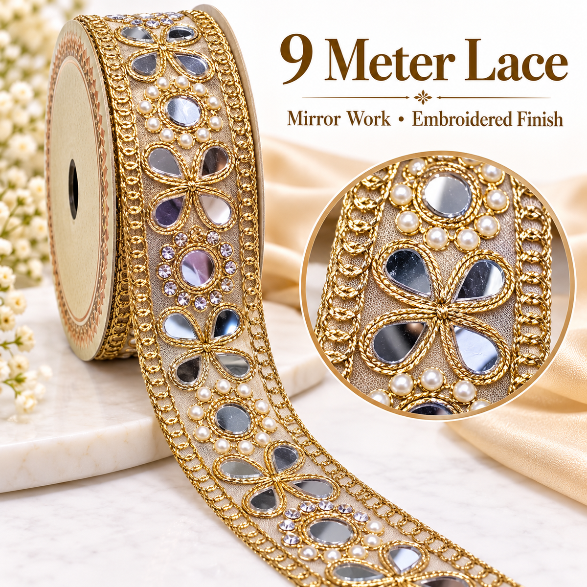 Premium Golden Floral Mirror Pearl & Stone Work Embroidered Designer Lace for Saree, Lehenga, Blouse & Dupatta Border – 9 Meter Roll