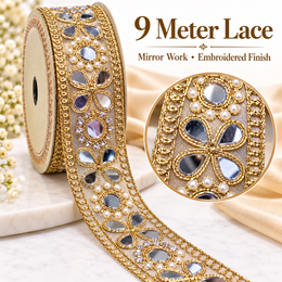 Premium Golden Floral Mirror Pearl & Stone Work Embroidered Designer Lace for Saree, Lehenga, Blouse & Dupatta Border – 9 Meter Roll