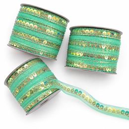 Mint Green Golden Sequin Saree Border Lace for Blouse, Dupatta and Dress