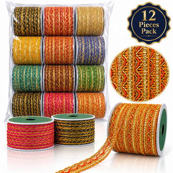 Premium Multicolor Golden Zari Decorative Lace Trim for Saree, Blouse, Dupatta, Lehenga & Kurti Border – Assorted Colours Pack of 12 Rolls