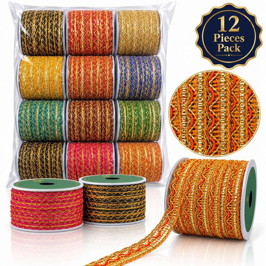 Premium Multicolor Golden Zari Decorative Lace Trim for Saree, Blouse, Dupatta, Lehenga & Kurti Border – Assorted Colours Pack of 12 Rolls