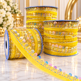Yellow Sequin & Bead Work Decorative Lace Border for Saree, Blouse & Dupatta – Pack of 3 Rolls, 9 Meters Each