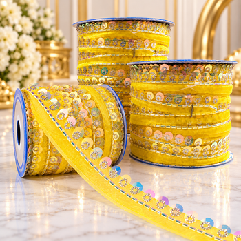 Yellow Sequin & Bead Work Decorative Lace Border for Saree, Blouse & Dupatta – Pack of 3 Rolls, 9 Meters Each